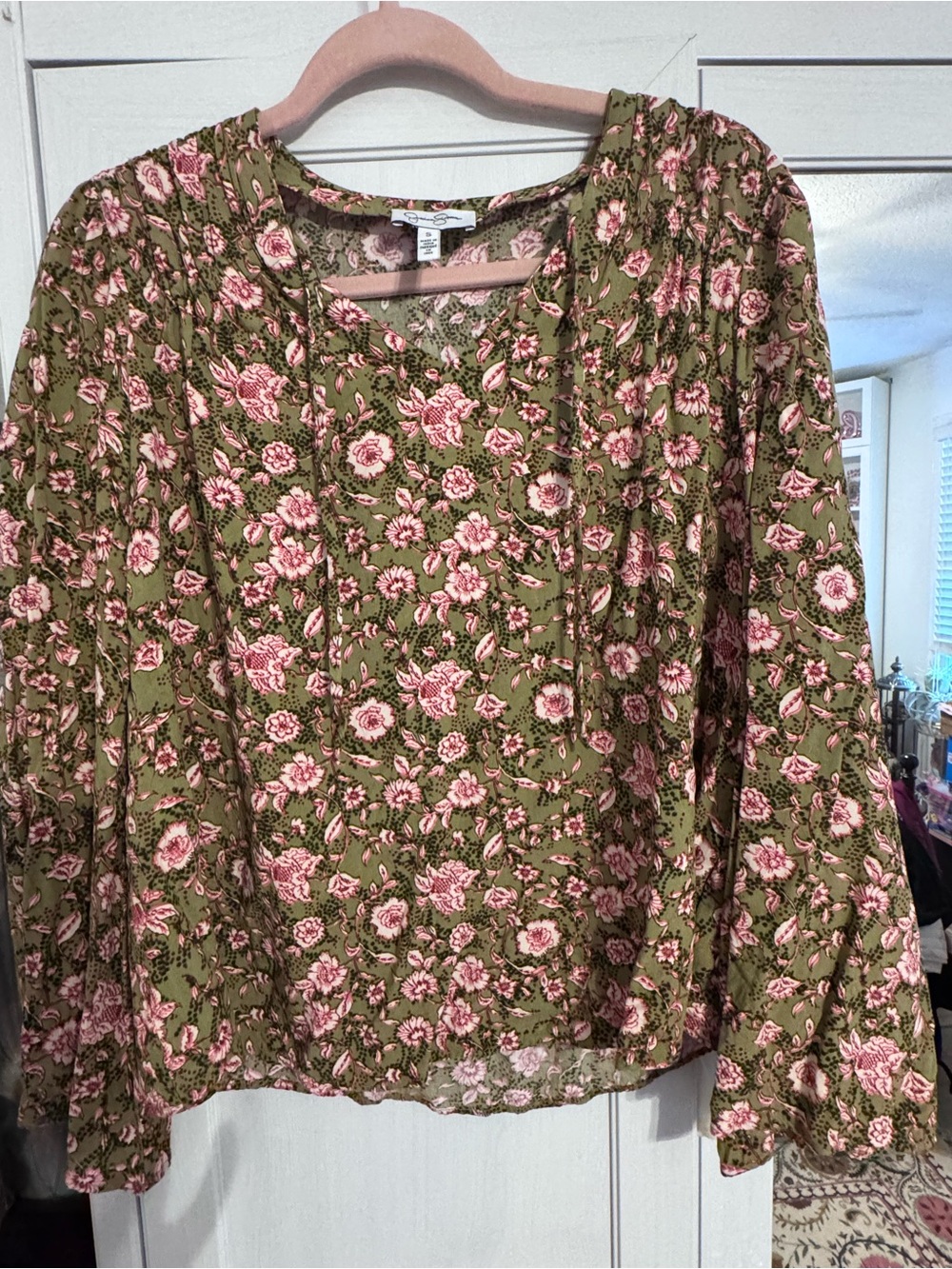 Jessica Simpson Olive Green Long Sleeve Floral Blouse with Pink Roses